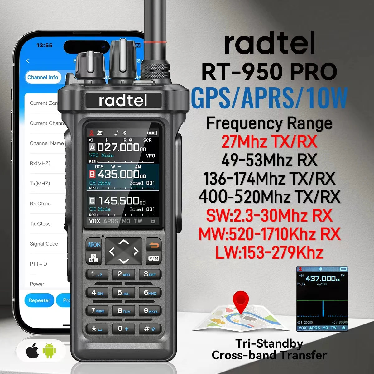 RT-950 PRO Walkie Talkie Multi-Band Ham Radio with GPS APRS Bluetooth 10W Long Range Communication Device