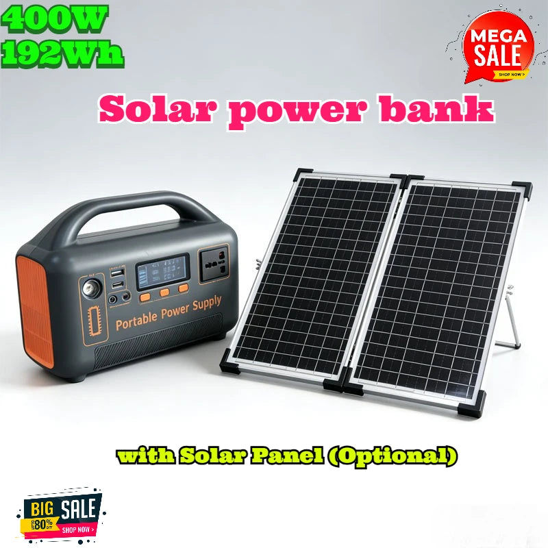 Portable Power Station 400W 192Wh LiFePO4 Solar Generator with Optional Solar Panel AC Outlet USB for Camping RV Emergency Backup
