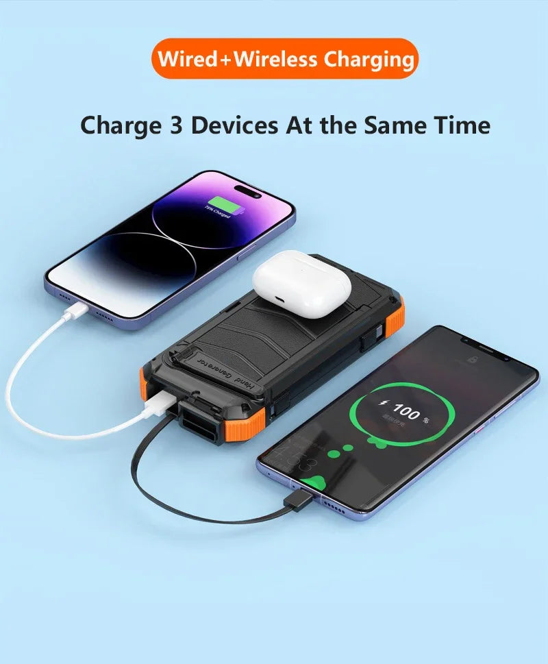 Hand Crank Solar Power Bank 20000mAh Portable Charger with Wireless Charging LED Light Folding Solar Panel for iPhone Android Outdoor Emergency