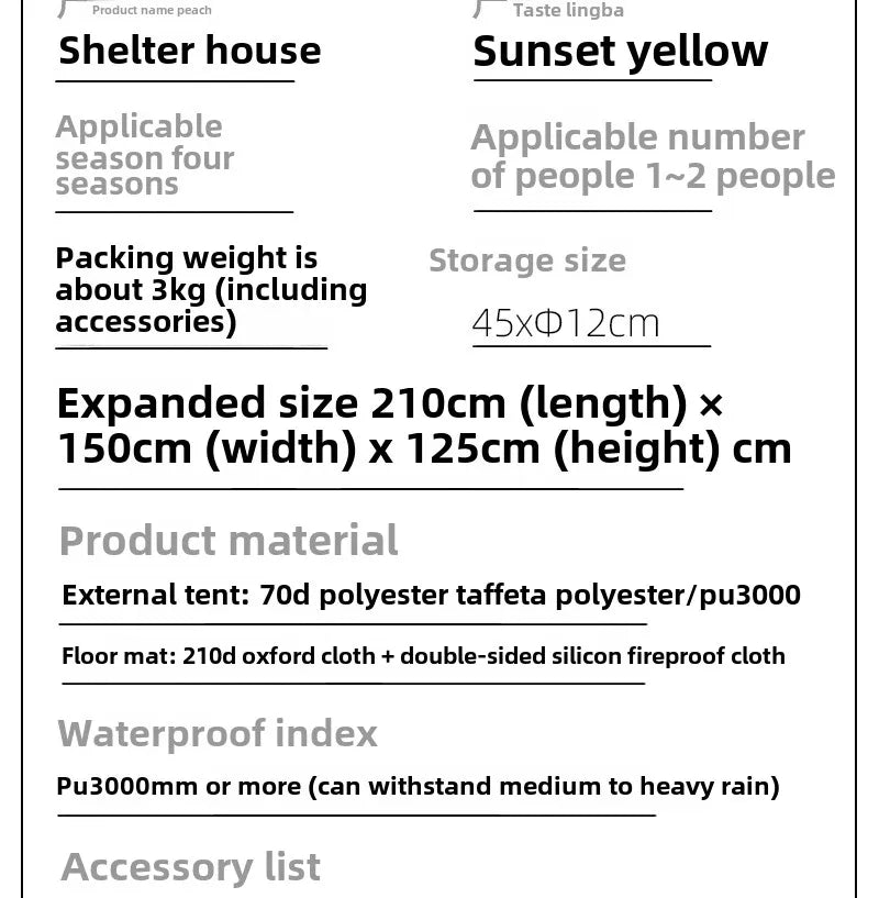 2-Person Camping Tent Lightweight Waterproof Outdoor Beach Cabin Tent with Vent Portable Shelter