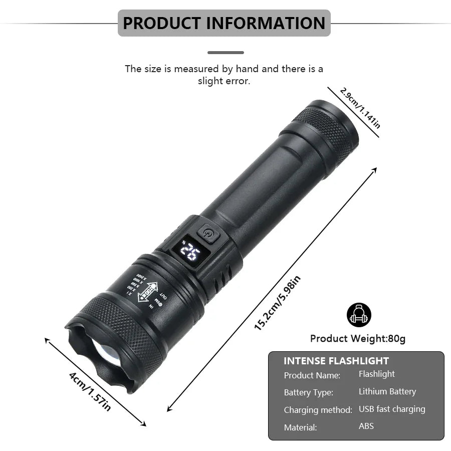 2000LM Tactical LED Flashlight USB Rechargeable Zoom Torch with Power Display for Camping, Emergency & Outdoor Use