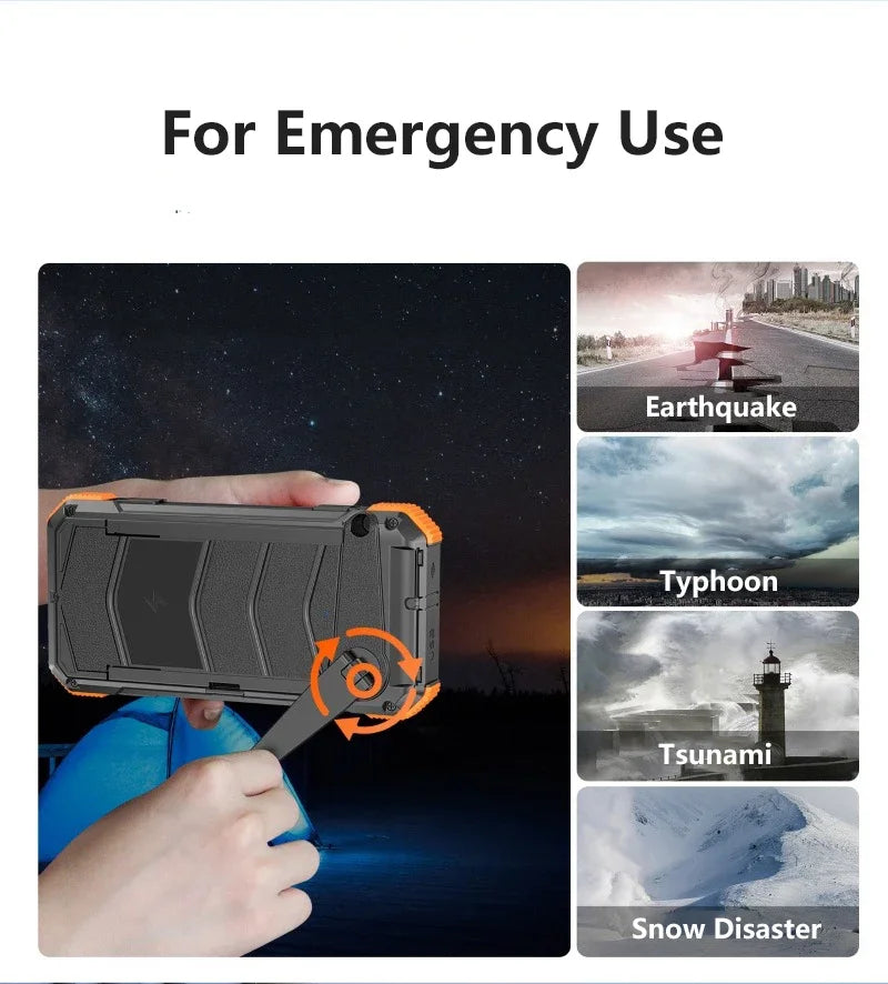 Hand Crank Solar Power Bank 20000mAh Portable Charger with Wireless Charging LED Light Folding Solar Panel for iPhone Android Outdoor Emergency