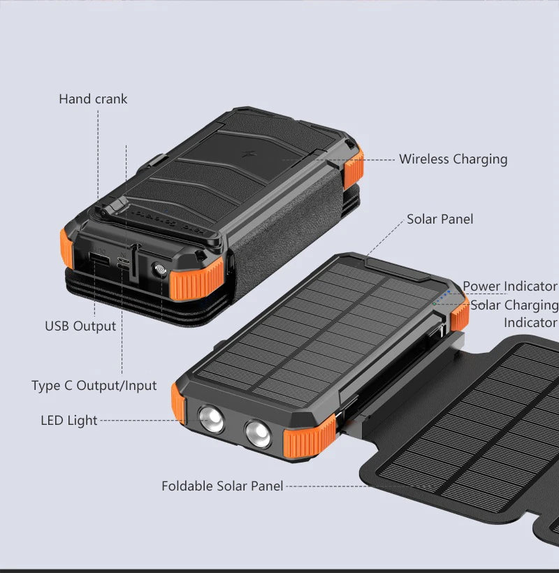 Hand Crank Solar Power Bank 20000mAh Portable Charger with Wireless Charging LED Light Folding Solar Panel for iPhone Android Outdoor Emergency