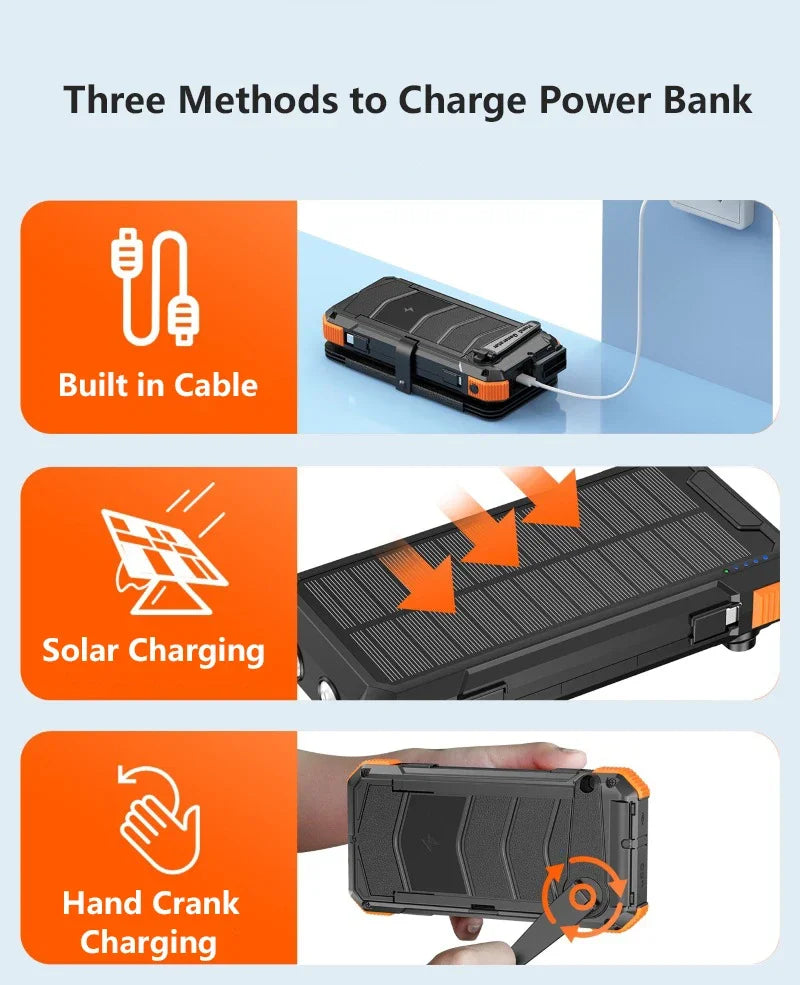 Hand Crank Solar Power Bank 20000mAh Portable Charger with Wireless Charging LED Light Folding Solar Panel for iPhone Android Outdoor Emergency