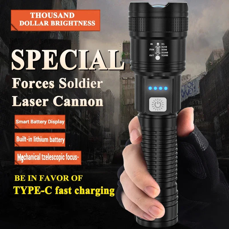 2000LM Tactical LED Flashlight USB Rechargeable Zoom Torch with Power Display for Camping, Emergency & Outdoor Use