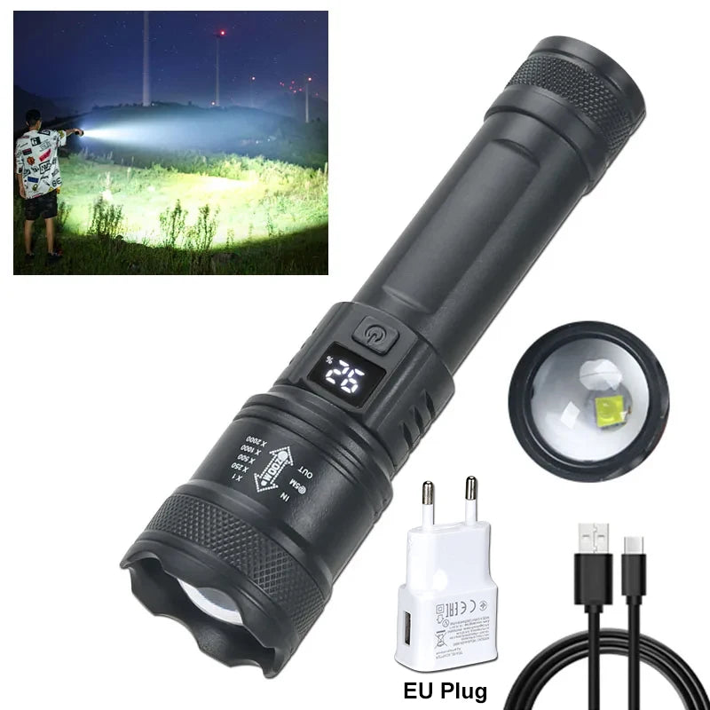 2000LM Tactical LED Flashlight USB Rechargeable Zoom Torch with Power Display for Camping, Emergency & Outdoor Use