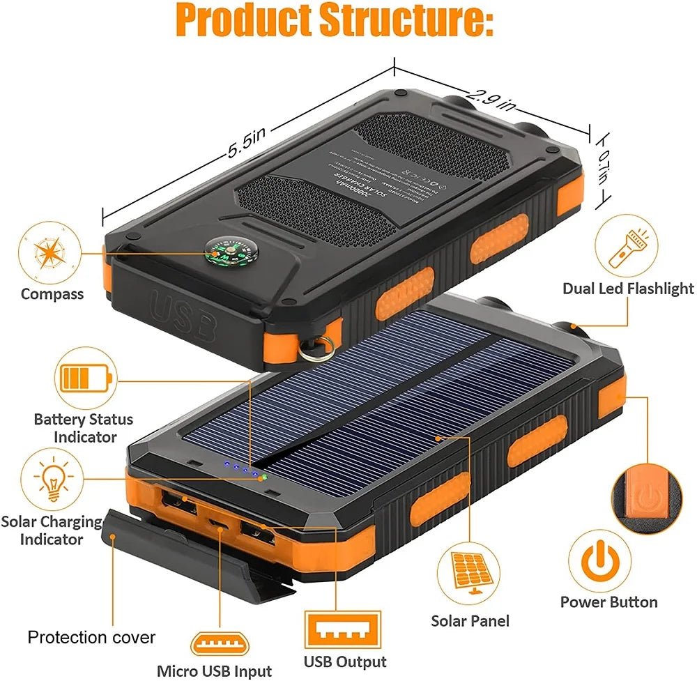 Solar Power Bank 80000mAh Portable Charger USB Fast Charging with LED Light for iPhone Samsung Android Outdoor
