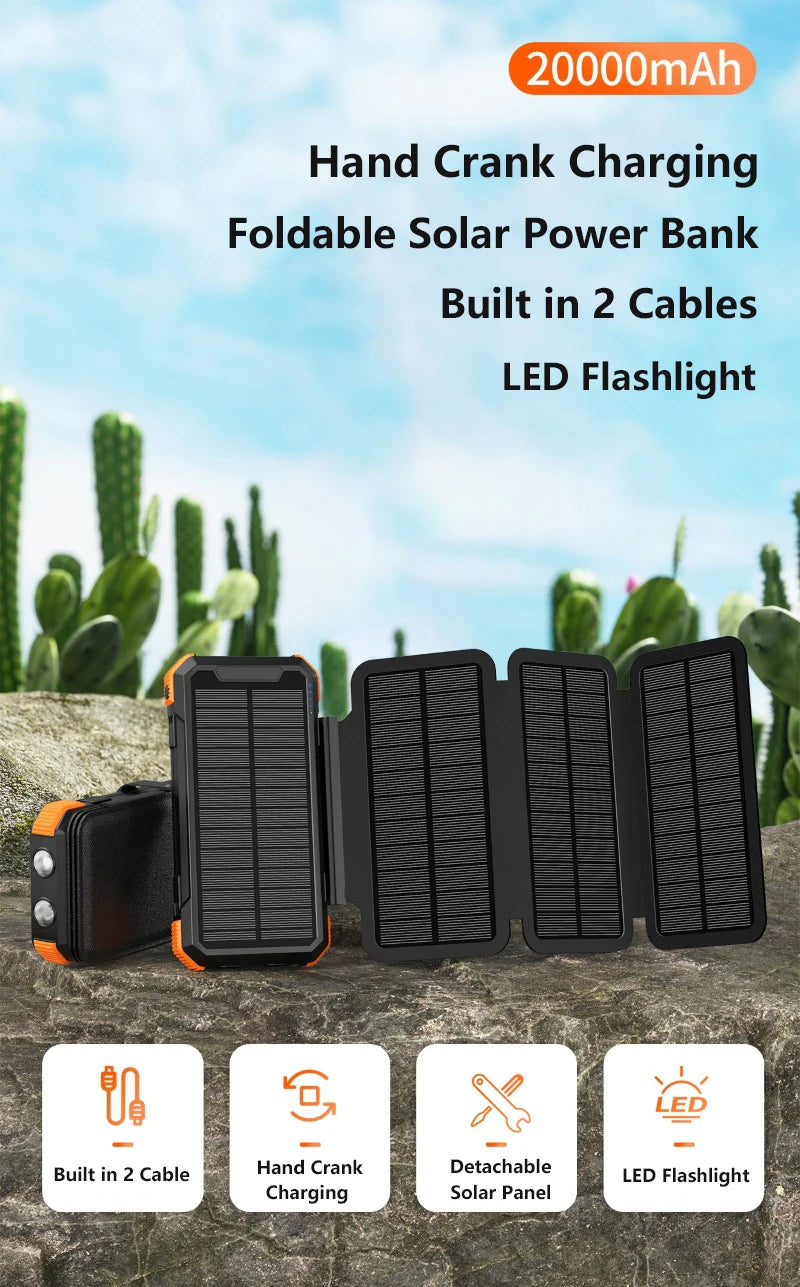 Hand Crank Solar Power Bank 20000mAh Portable Charger with Wireless Charging LED Light Folding Solar Panel for iPhone Android Outdoor Emergency