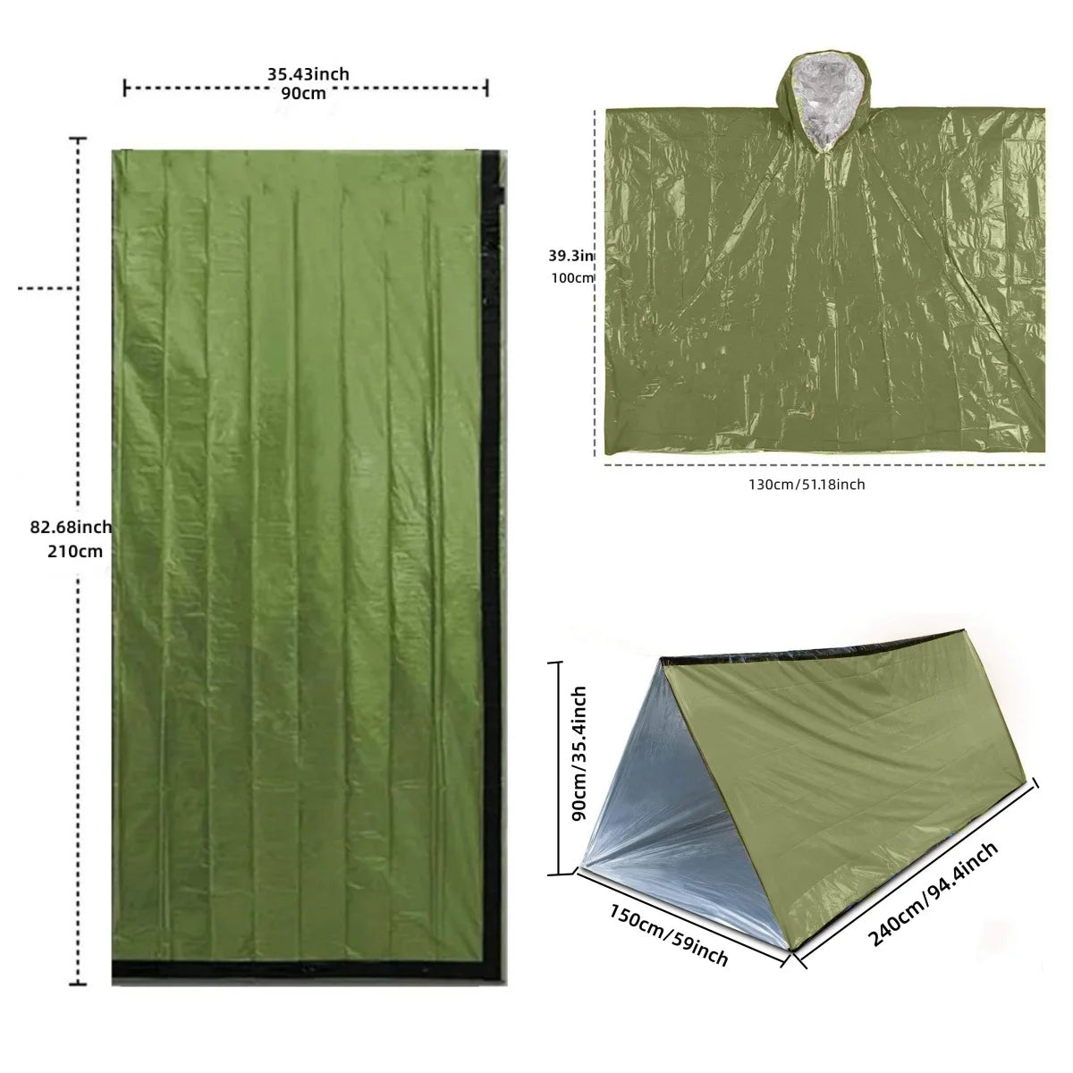 Outdoor Emergency Survival Kit 3-Piece Set Tent Raincoat Sleeping Bag Waterproof Camping Travel Insulation Gear
