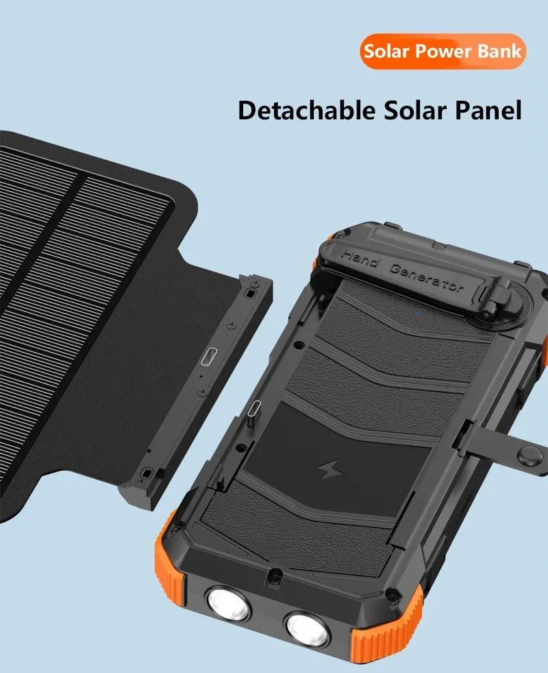 Hand Crank Solar Power Bank 20000mAh Portable Charger with Wireless Charging LED Light Folding Solar Panel for iPhone Android Outdoor Emergency