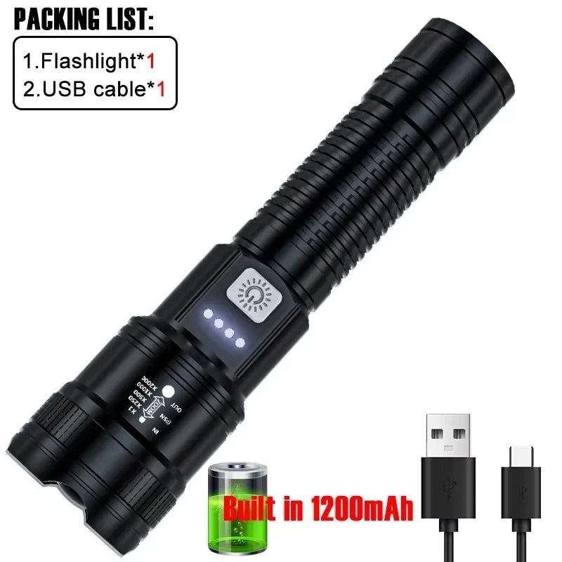 2000LM Tactical LED Flashlight USB Rechargeable Zoom Torch with Power Display for Camping, Emergency & Outdoor Use