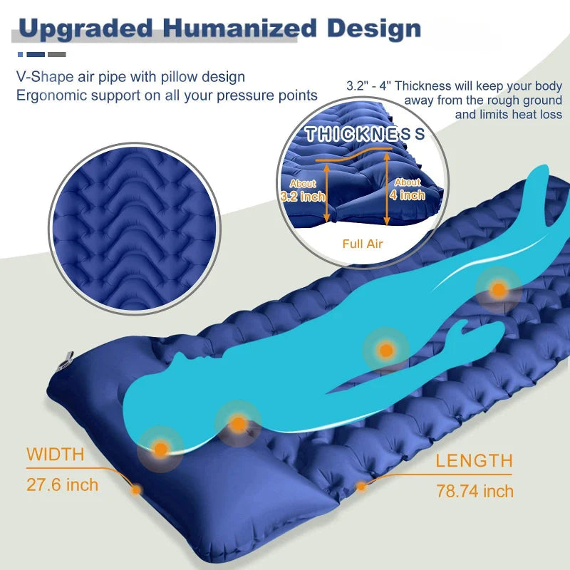 Camping Air Mattress Ultralight Inflatable Sleeping Pad with Built-in Pump Portable Outdoor Mattress with Pillow for Hiking Camping Travel