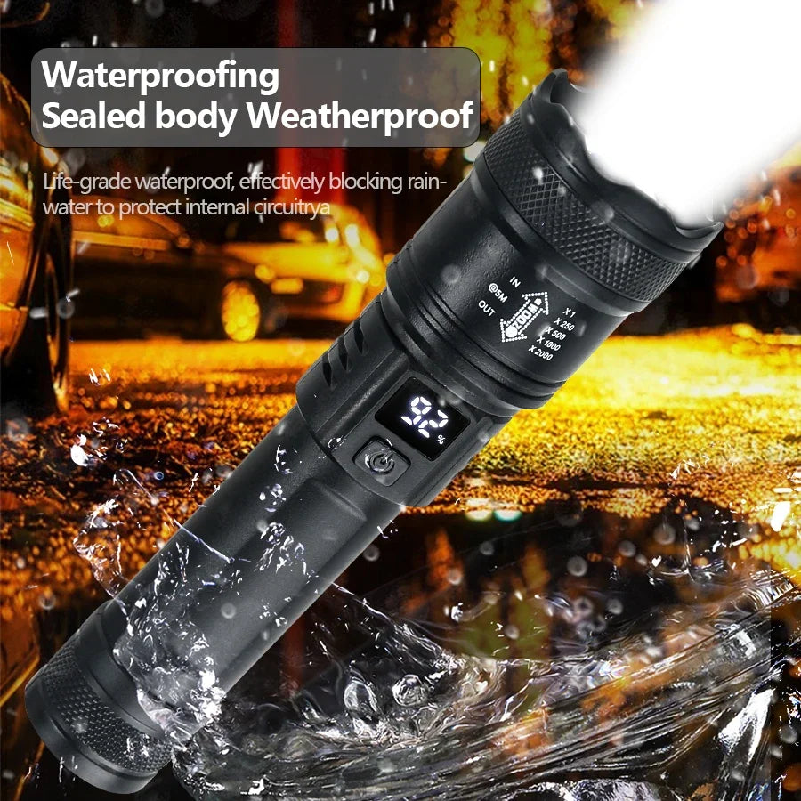 2000LM Tactical LED Flashlight USB Rechargeable Zoom Torch with Power Display for Camping, Emergency & Outdoor Use