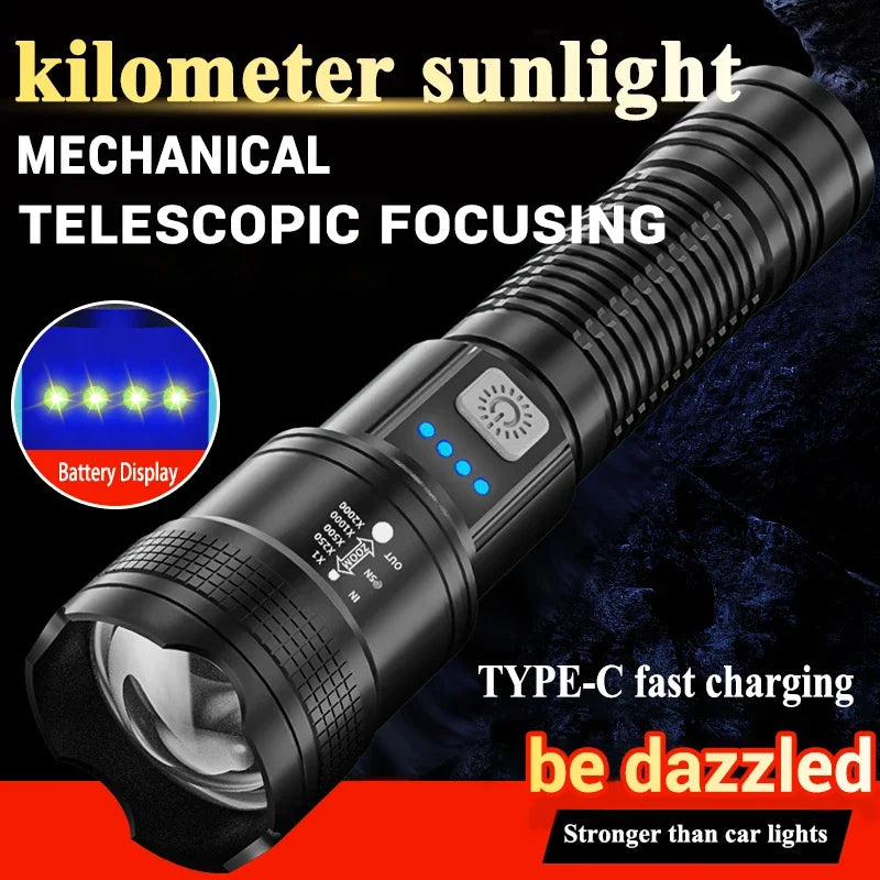 2000LM Tactical LED Flashlight USB Rechargeable Zoom Torch with Power Display for Camping, Emergency & Outdoor Use