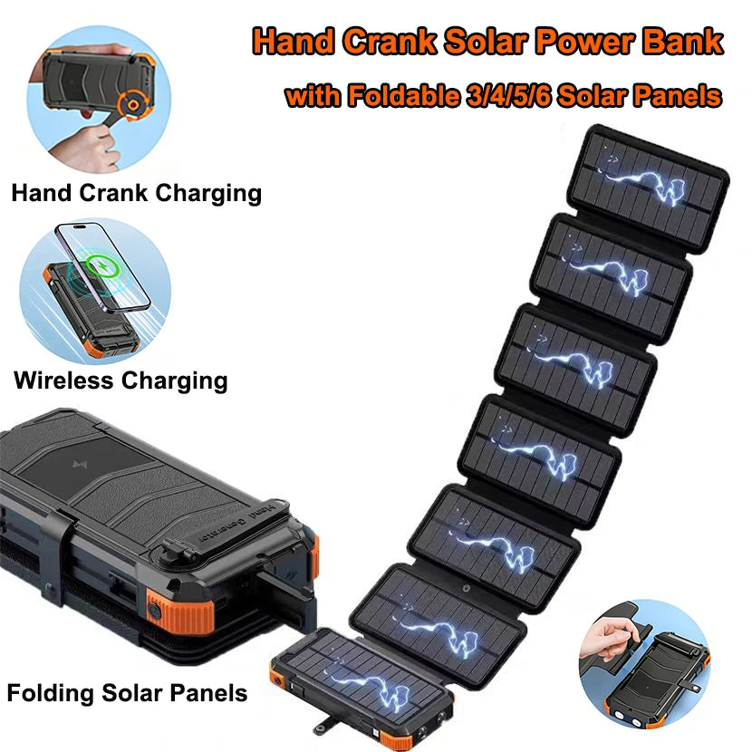 Hand crank solar power bank with foldable solar panels on a white background