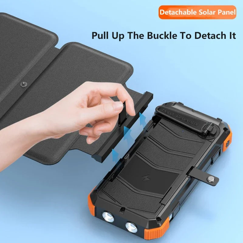 Hand Crank Solar Power Bank 20000mAh Portable Charger with Wireless Charging LED Light Folding Solar Panel for iPhone Android Outdoor Emergency