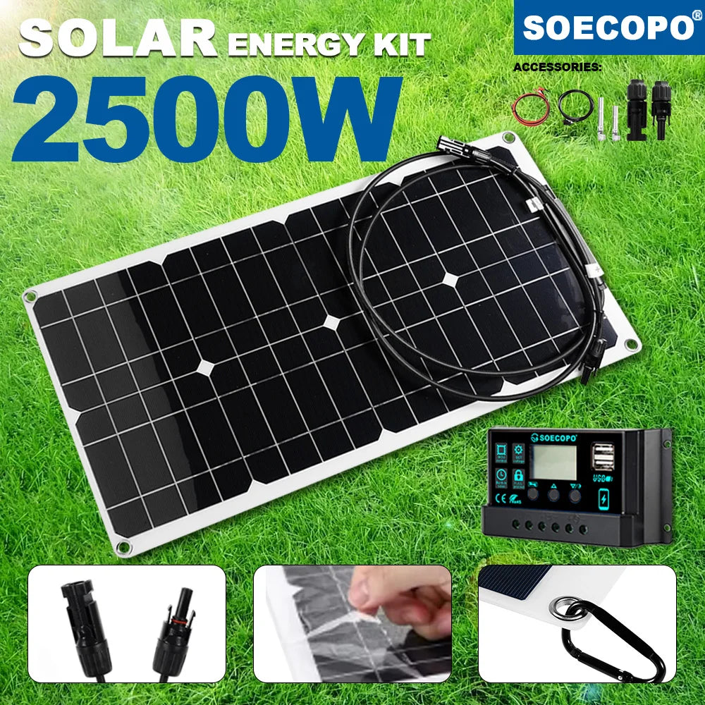 Portable Solar Panel Kit 2500W Foldable Solar Charger with Controller USB Output for Camping RV Off-Grid Power System
