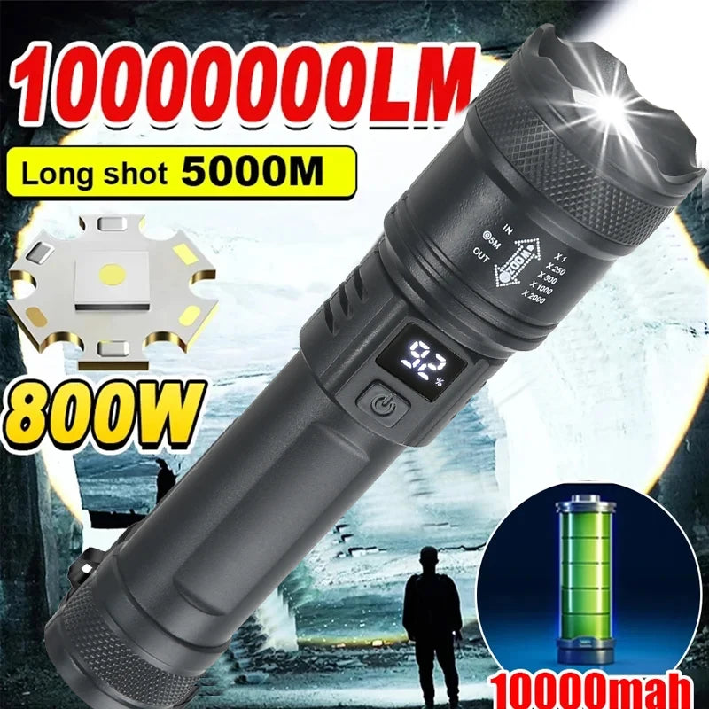 2000LM Tactical LED Flashlight USB Rechargeable Zoom Torch with Power Display for Camping, Emergency & Outdoor Use