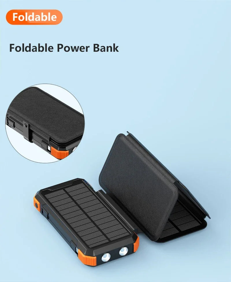 Hand Crank Solar Power Bank 20000mAh Portable Charger with Wireless Charging LED Light Folding Solar Panel for iPhone Android Outdoor Emergency