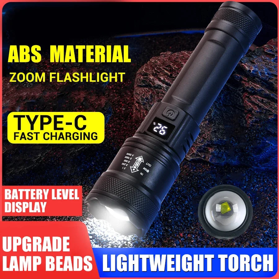 2000LM Tactical LED Flashlight USB Rechargeable Zoom Torch with Power Display for Camping, Emergency & Outdoor Use