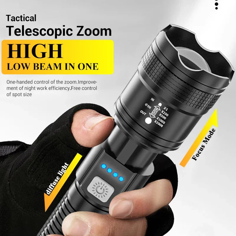 2000LM Tactical LED Flashlight USB Rechargeable Zoom Torch with Power Display for Camping, Emergency & Outdoor Use