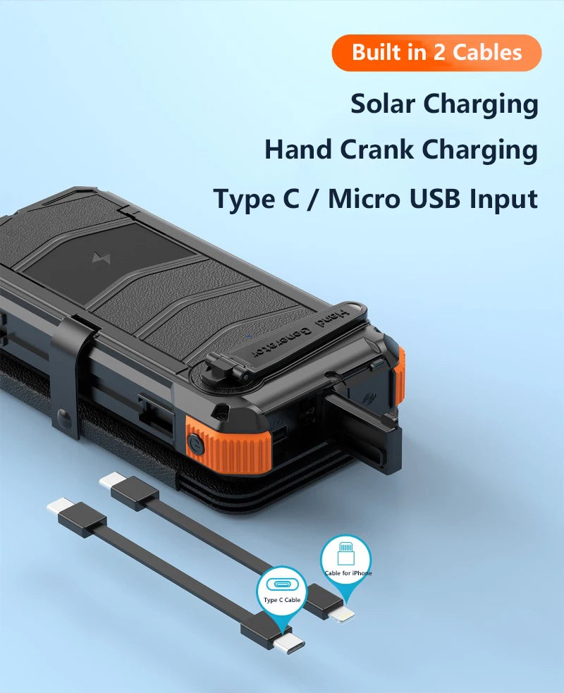 Hand Crank Solar Power Bank 20000mAh Portable Charger with Wireless Charging LED Light Folding Solar Panel for iPhone Android Outdoor Emergency
