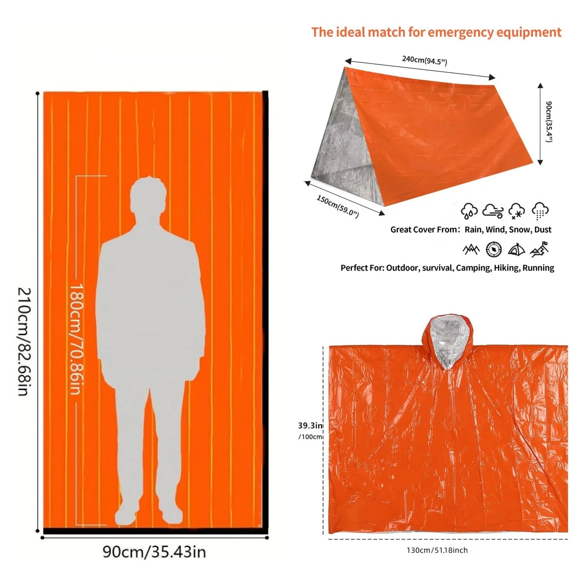 Outdoor Emergency Survival Kit 3-Piece Set Tent Raincoat Sleeping Bag Waterproof Camping Travel Insulation Gear