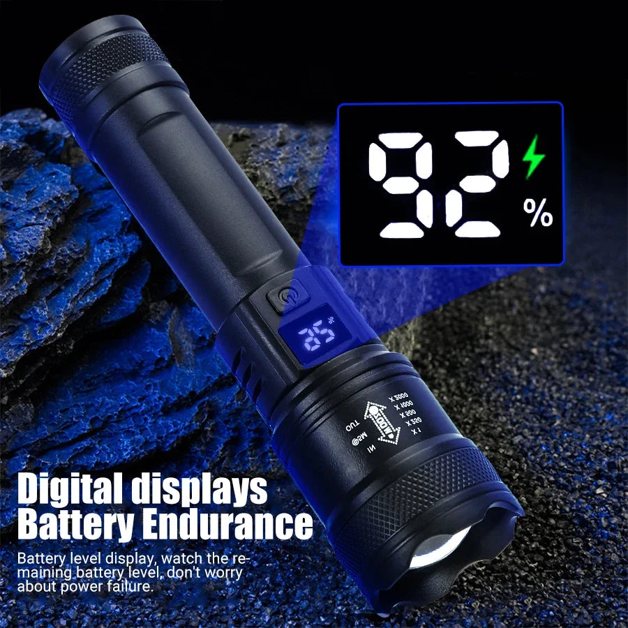 2000LM Tactical LED Flashlight USB Rechargeable Zoom Torch with Power Display for Camping, Emergency & Outdoor Use