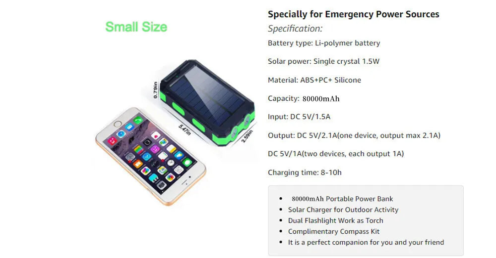 Solar Power Bank 80000mAh Portable Charger USB Fast Charging with LED Light for iPhone Samsung Android Outdoor