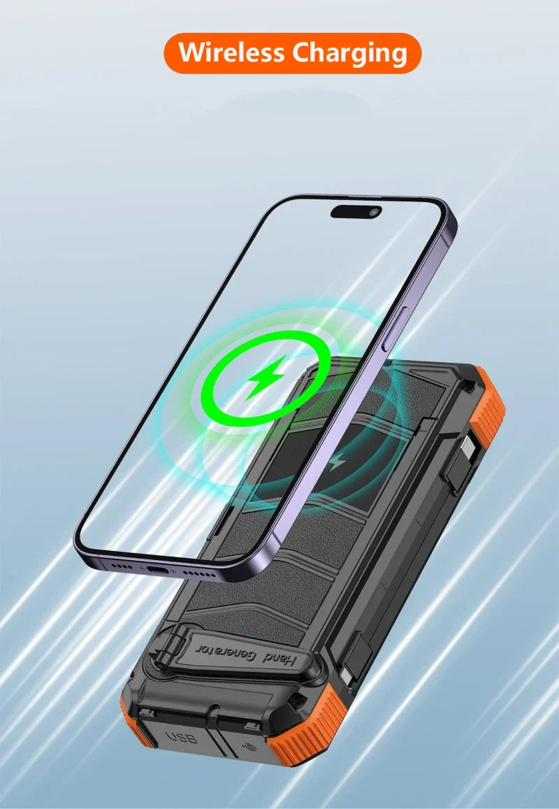 Hand Crank Solar Power Bank 20000mAh Portable Charger with Wireless Charging LED Light Folding Solar Panel for iPhone Android Outdoor Emergency