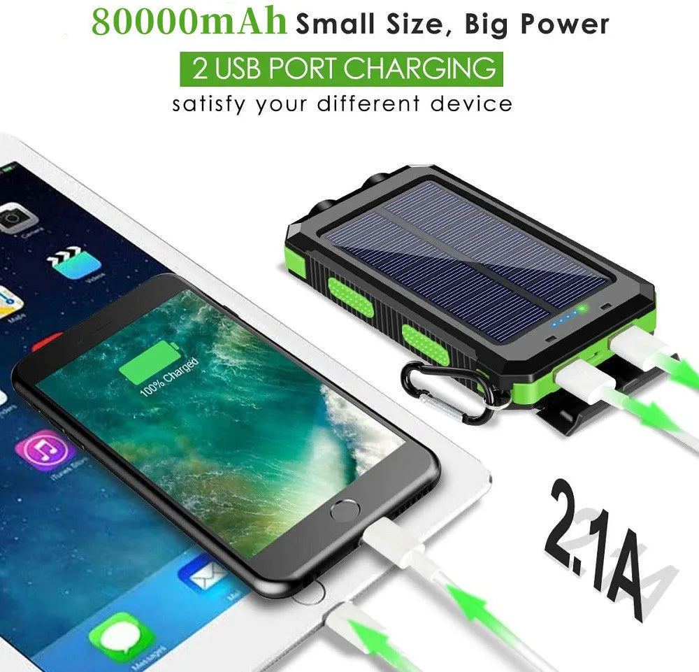 Solar Power Bank 80000mAh Portable Charger USB Fast Charging with LED Light for iPhone Samsung Android Outdoor