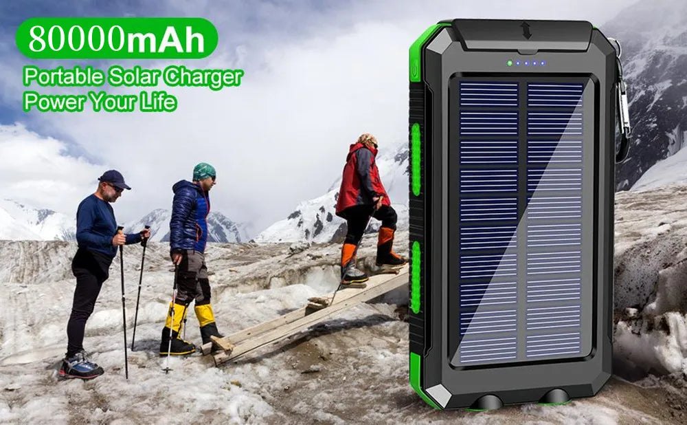 Solar Power Bank 80000mAh Portable Charger USB Fast Charging with LED Light for iPhone Samsung Android Outdoor