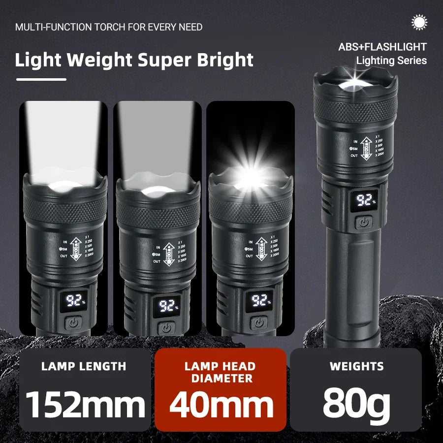 2000LM Tactical LED Flashlight USB Rechargeable Zoom Torch with Power Display for Camping, Emergency & Outdoor Use