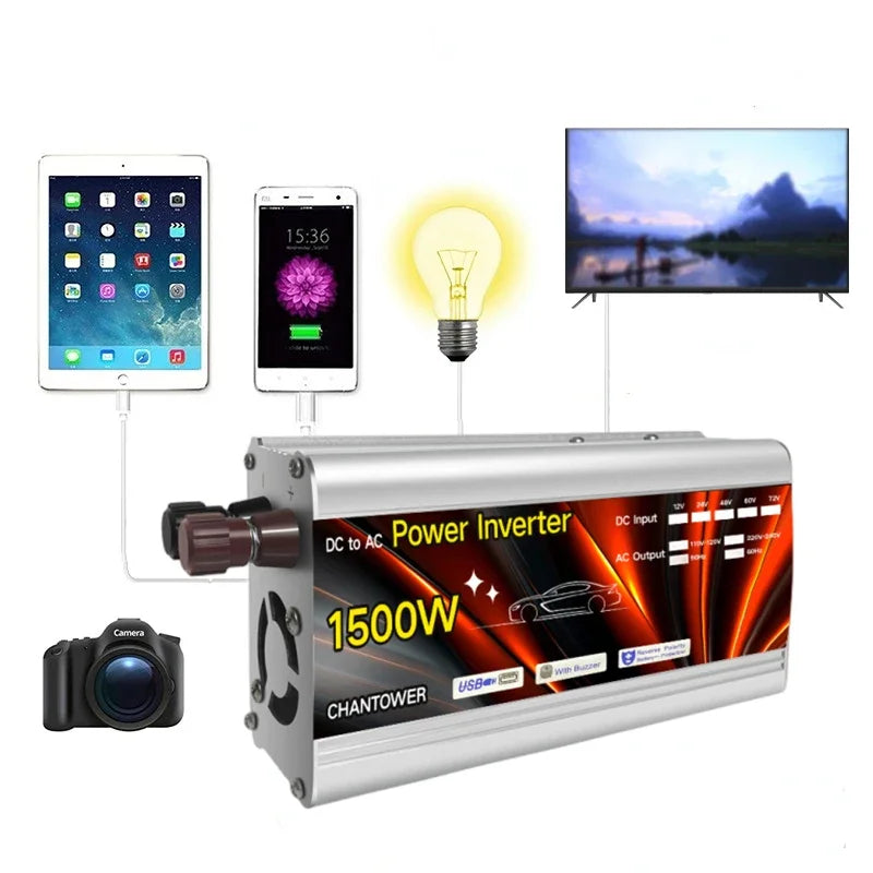 12V to 220V Power Inverter 500W 1000W 1500W 2000W Car Converter Portable Solar Inverter DC to AC Voltage Transformer for Car Camping Emergency