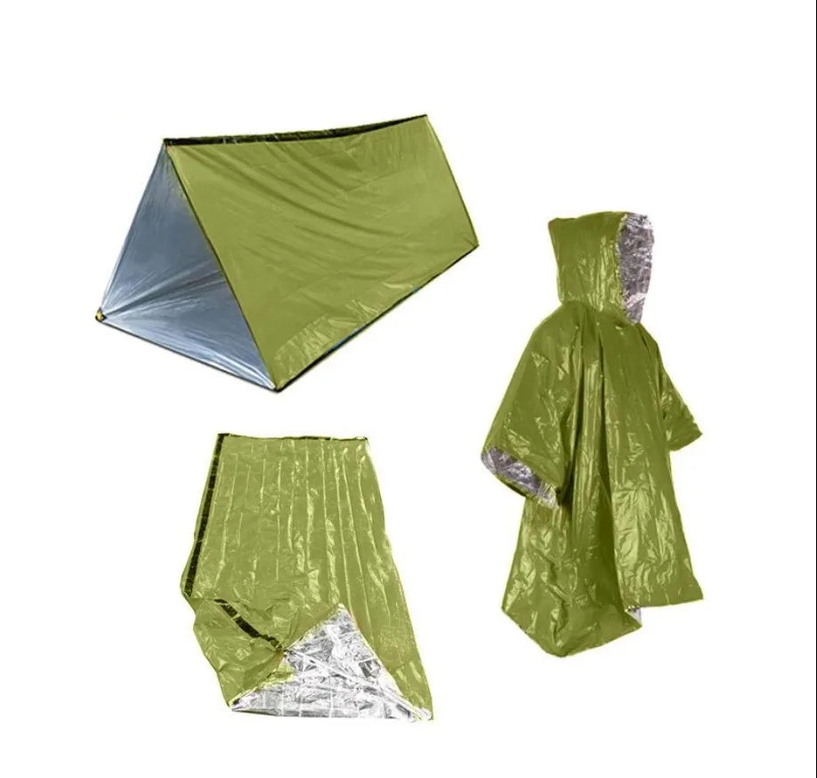 Outdoor Emergency Survival Kit 3-Piece Set Tent Raincoat Sleeping Bag Waterproof Camping Travel Insulation Gear