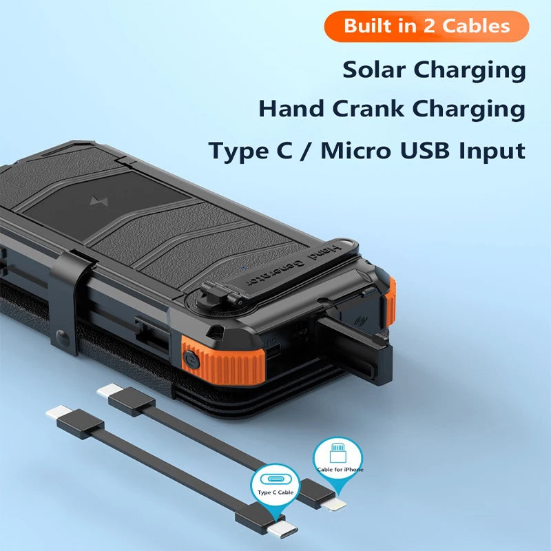 Hand Crank Solar Power Bank 20000mAh Portable Charger with Wireless Charging LED Light Folding Solar Panel for iPhone Android Outdoor Emergency