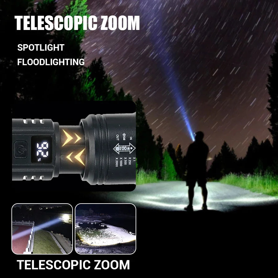 2000LM Tactical LED Flashlight USB Rechargeable Zoom Torch with Power Display for Camping, Emergency & Outdoor Use