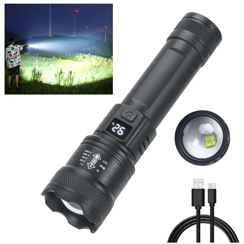 2000LM Tactical LED Flashlight USB Rechargeable Zoom Torch with Power Display for Camping, Emergency & Outdoor Use