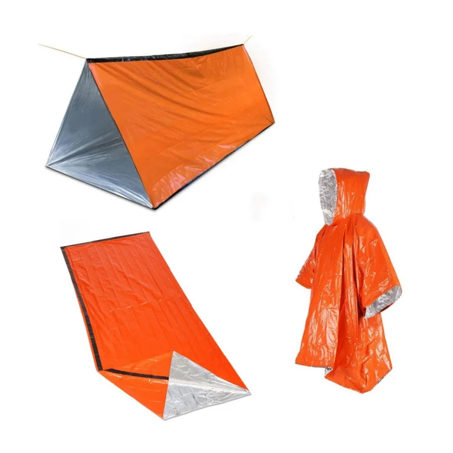 Outdoor Emergency Survival Kit 3-Piece Set Tent Raincoat Sleeping Bag Waterproof Camping Travel Insulation Gear