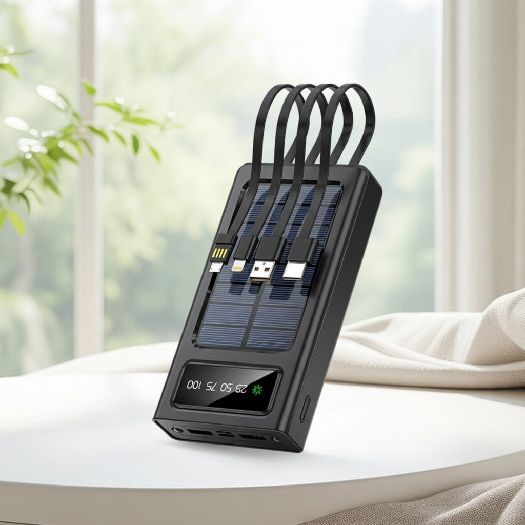 Solar power bank with multiple charging ports on a light surface with a blurred natural background