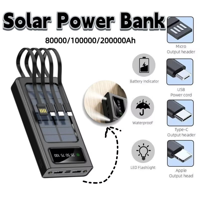 Solar Power Bank 200000mAh Portable Charger USB Fast Charging with LED Light for iPhone Samsung Android Outdoor